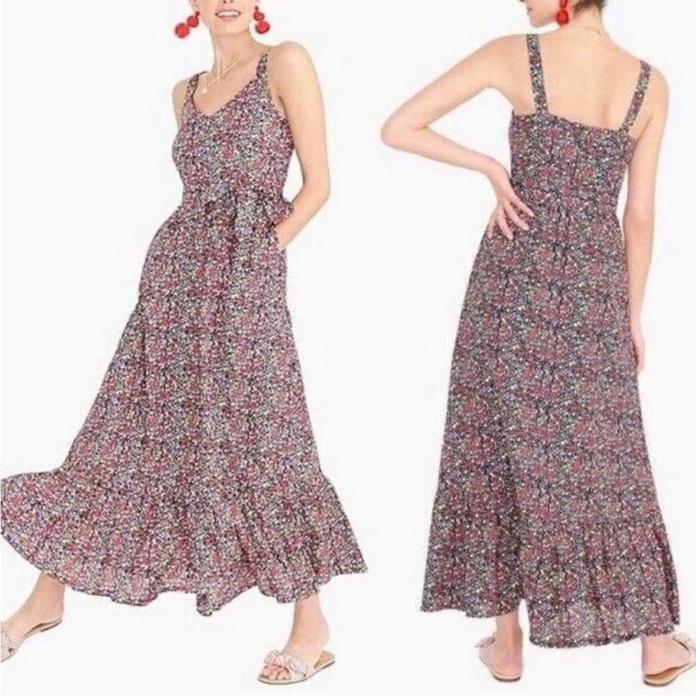 J.CREW Ditsy Floral Linen Tie Waist Tiered Ruffle Maxi Dress Size 8 Navy - Picture 2 of 15